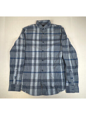 Armani Exchange Men M Plaid Long Sleeve Button Down Shirt Blue Gray Regular Fit